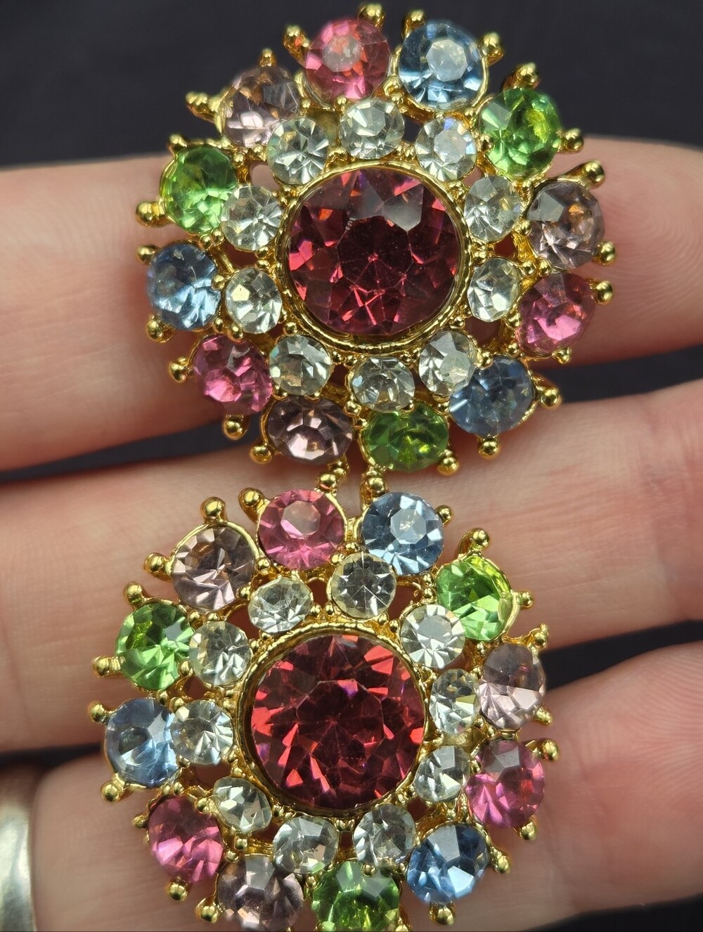 Vintage Multicolor Rhinestone Cluster Gold Tone Statement Pierced Earrings